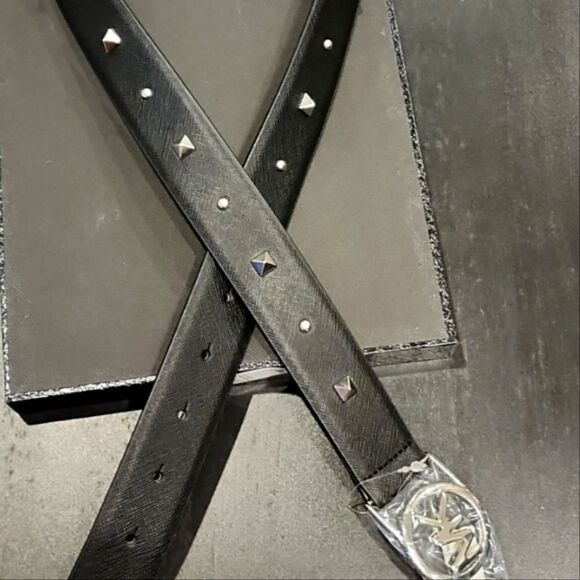 Michael Kors Studded Silver MK Logo Buckle Leather Belt main image 4
